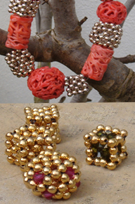 Dynasty Beads worked using 2mm silver plain beads and Swarovski crystals and faux coral beads.